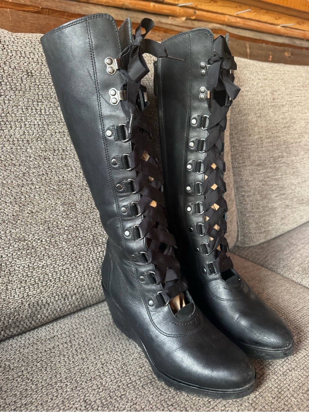 Sorel Black Ribbon Lace-Up Knee-High Wedge Boots